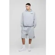 Mens Grey Marl Oversized Boxy Limited Drop Crotch Hooded Short Tracksuit