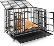 Costway 96CM/120CM Foldable Heavy-Duty Metal Dog Cage W/Lockable Rolling Casters, Removable Tray, 2 Lockable Doors, Chew-Proof Dog Crate, Indoor & Outdoor Portable Dog Kennel Crate (120 x 76 x 90 cm)