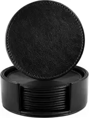 Leather Coasters for Drinks, 4" Drink Set of 6 with Holder Black