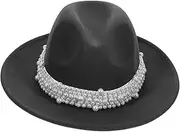 [Ipetboom] Wool Felt Jazz Hat for Women with Pearl Decor Vintage Fedora Style for Parties and Special Occasions Black