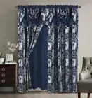 Jacquard Luxury Window 2 Panel Set Navy Curtain with Attached Valance and Bac...