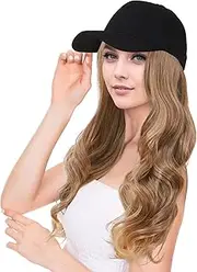 KEOYA Women’s Baseball Cap Wig Duckbill Hat with Long Wavy Hair Natural Look Synthetic Fiber Full Head Cover Hairpiece for Daily Wear Party Sports Light Brown with Blonde Ombre Color