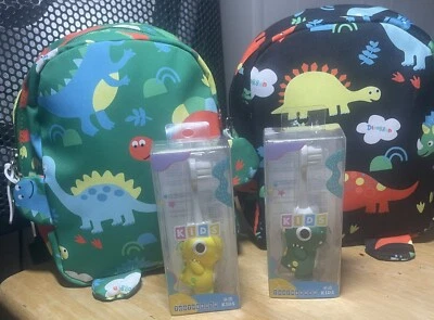2 PC LOT CHILD TODDLER DINOSAUR YLW TOOTHBRUSH & GREEN MINI BACKPACK COMBO C1110
