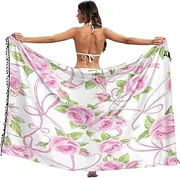 [RPLIFE] Pink Roses Pink Ribbons White Tile Coverups Bathing Suits Sarong Tassel Beach Sarong Wraps for Women, Large, Pink Roses Pink Ribbons White Tile, Large