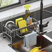 Sink Organiser with Drip Tray, Sponge Holder for Kitchen Sink, WADY Stainless Steel Kitchen Organiser, Kitchen Utensils, for Kitchen Bathroom Sink with Removable Storage, Drain Tray Organiser