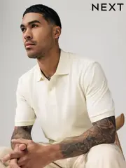 Ecru Cream Textured Waffle Button Through 100% Cotton Polo Shirt (E96153) | $36