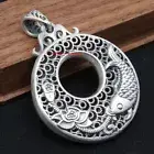 Real 999 Fine Silver Pendant Fish Pattern Vintage Style Round Lucky Amulet
