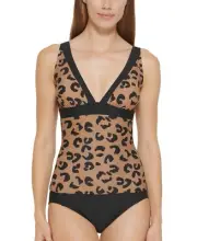 MSRP $88 Dkny Womens Leopard-Print Tankini Top Swimsuit Brown Size XL