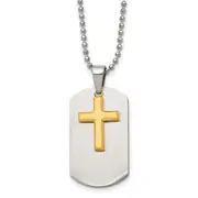 Stainless Steel Chisel Brushed And Polished Yellow Ip-Plated 2 Piece Cross Dog Tag On A 22 Inch Ball Chain Necklace