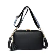 Women Fashion Double Strap Messenger Tassel Bag Shoulder Handbag,Black