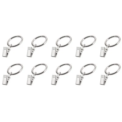 Curtain Rings with Clips, 1" 10Pcs, Metal Drapery Hanging Ring, Silver Tone