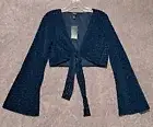 Wild Fable Women's Teal S Crop Top Bell Sleeves Tie Front Velvet Daisies NWT