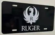 Gloss black license plate tag white Ruger logo gun firearm