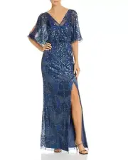 AIDAN MATTOX Embellished Wrap Blouson Gown Blue Grey Size 6 $495
