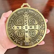 [BONITTER] EXTRA LARGE 5 INCH ST BENEDICT CROSS MEDAL VINTAGE BRASS TONE FINISH FOR WALL OR DESK DISPLAY/MEDALLA DE SAN BENITO (Golden)