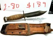Ontario USA 2-80 pilots leather handle fighting knife w/sheath and stone, 127mm