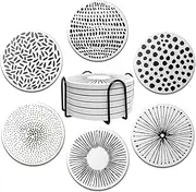Drink Coasters Black Lines of Round Absorbent Ceramic Stone Coasters Set of 6 with Cork Base, Fun Drink Coasters with Stand, Suitable for Cold Drinks, Wine Glasses and Cups Table Protection, 4 inches