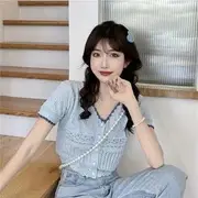 Short-Sleeve V-neck Button-Up Pointelle Knit Top Blue - S
