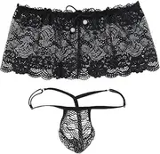 [Generic] Men's Low Rise Lace Mesh Sheer Mini Skirt + G-string Panties 2Pc Crossdressing Underwear