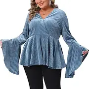 [Agnes Orinda] Plus Size Velvet Tops for Women Faux Wrap V Neck Bell Long Sleeve Peplum Velvet Party Blouses Blue 3X