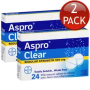 2 x Aspro Clear Regular Strength Pain Relief 24 Soluble Effervescent Tablets