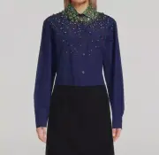 $1370 Dries Van Noten Women's Blue Clavelly Beaded Button-Up Shirt Size FR40/US8