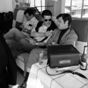 Jean-Paul Belmondo during an interview with Lino Ventura for the f- Old Photo