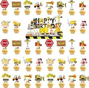 Construction Cupcake Toppers Picks, 37Pcs Construction Cake Decorations Stop Sign Dump Truck Excavator Tractor Party Cake Toppers for Truck Theme Kids Birthday Party Supplies