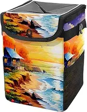 Car Trash Can with Lid and Storage Pockets Leak-Proof Organizer,Multipurpose Trash Bin for Car,Sea Coast Tropical Tree