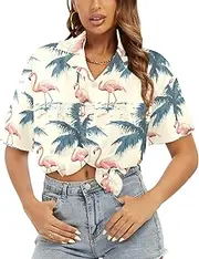 [Generic] Women's Short Sleeve T Shirt, Comfy Button Down T-Shirt,Soft Beach Summer Tops Blouses, Lagoon Flamingo Spread-2