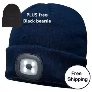 Beanie with LED Head Light USB Rechargeable NAVY - PLUS free Black beanie