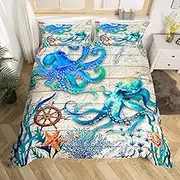 richhome Cartoon Octopus Children's Duvet Cover Set, 135 x 200, Starfish Coral Ocean Animals Bedding Set, World Map Compass Wheel, Nautical Comforter Cover, Retro Quilt Cover, 1 Pillowcase