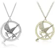 [Kuskins] 2 Pcs Hunger Games Mockingjay Necklace, Costume Jewellery for Men Women, Anime Cosplay Accessories in Silver & Gold, Bookshelf Decor, Zinc Alloy