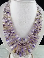 Natural Multi Amethyst Citrine Quartz Engraved Beads 4L 903 Ct Vintage Necklace