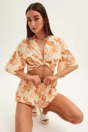 Orange Floral Mini Short Elastic Waist Floral Print - Size 10, Women's Shorts