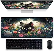 Gaming Mouse Pad XXL Extended Anime Mouse Pad 31.5x11.8 inch, Large Cute Kawaii Big Computer Mouse Mat Desk Pad with Non-Slip Rubber Base and Stitched Edge for Home Office-Flowers Cat