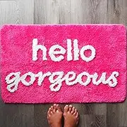 Hello Gorgeous Bath Mat Hot Pink Dark Magenta Fuchsia Blush Peach Coral Cute Beautiful Bathroom Rugs for Girls You Look Good Gorgeous Fun Shower Funny Bathroom Decor Non-Slip Washable Kids Women