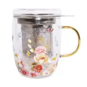 Ashdene 380ml Tea Cup/Lid w/Steel Infuser Springtime Soiree Double Walled Glass