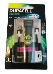 Duracell Car Charger 6 ft Sync & Charge Cord 3.1 Amp Dual USB Ports NEW