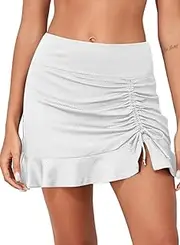 [MAIABLEAU] Women's High Waisted Adjustable Drawstring Ruffle Swim Skirt Bottoms Tummy Control Swim Skort