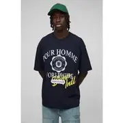 Mens Navy Oversized Homme Varsity Crest Printed T-Shirt