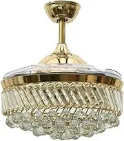 Reversible Retractable Ceiling Fans with LED Light and Remote Control, 42 Inch Invisible Crystal Ceiling Fan Chandelier with 4 Clear ABS Blade, Bedroom Fandelier Indoor Ceiling Light with Fans (Gold)