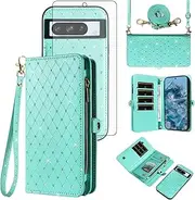 [Asuwish] Phone Case for Google Pixel 8 Pro 5G Zipper Wallet Detachable Cell Cover with Tempered Glass Screen Protector Strap Glitter Flip Card Holder Slot Pixel8Pro Pixel8 XL Eight 8Pro Women Men Teal