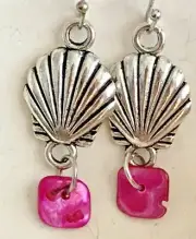 Fuchsia Pink Shell Chips & Silver Seashell Earrings. Laguna Beach. Ocean.