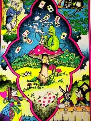 UNUSED VINTAGE Blacklight Poster WONDERLAND MUSHROOM Alice FLOCKED