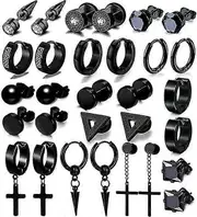 15 Pairs Earrings For Men, Black Stainless Steel Earrings Stud Kit For Men Women Fashion Piercing Jewelry Cross Dangle Hoop Earrings Set