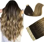 DOORES 50g Human Hair Extensions Tape in Balayage Dark Brown to Chestnut Brown and Dirty Blonde Natural Tape in Hair Extensions Straight Skin Weft Hair 20pcs 55cm