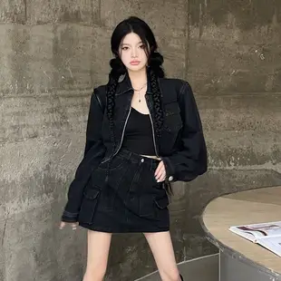 韓版牛仔套裝女緊身長袖黑色翻領拉鍊牛仔夾克外套+高腰A字牛仔短裙兩件套