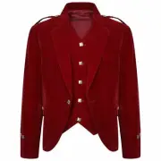 Men's Handmade Scottish Red Wool Argyle Kilt Jacket Highland Argyll Coat Jacket