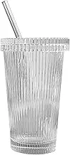 Ribbed Glassware | Wide Application Drinking Glasses with Glass Straw | Food Grade Glass, Coffee Bar Accessories, Portable 375 ml Glasses for Tea, Lemonade, Beer, Cocktails, Whiskey, Water